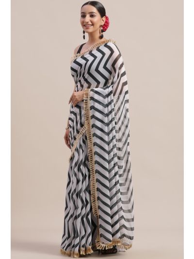 White and Black Georgette Saree Digital Print Lace Border