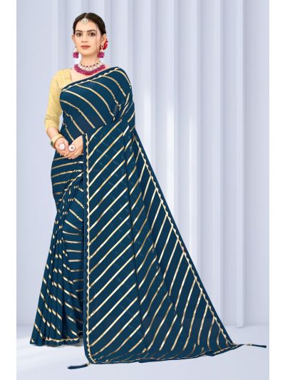 Gitanjali Fashions Rama Colour Georgette Leheriya Foil Print Lace Border Saree With Blouse