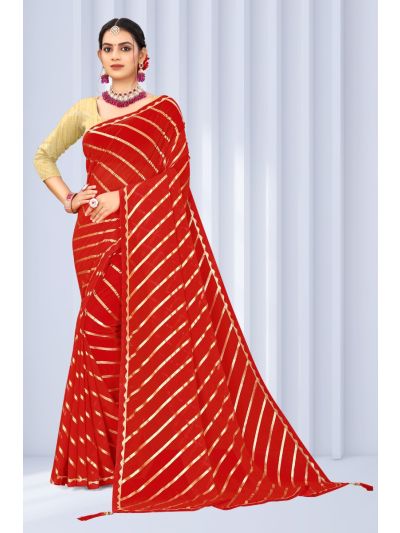 Gitanjali Fashions Red Colour Georgette Leheriya Foil Print Lace Border Saree With Blouse