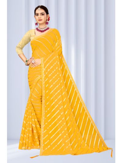 Gitanjali Fashions Yellow Colour Georgette Leheriya Foil Print Lace Border Saree With Blouse