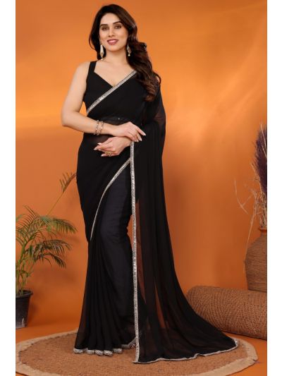 Georgette Plain Black Saree With Mirror Work Lace Border