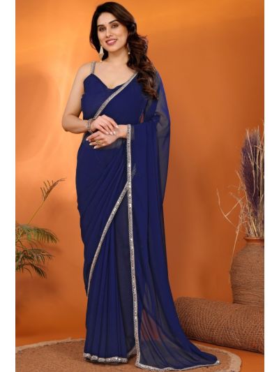 Georgette Plain  Nevy Blue Saree With Mirror Work Lace Border