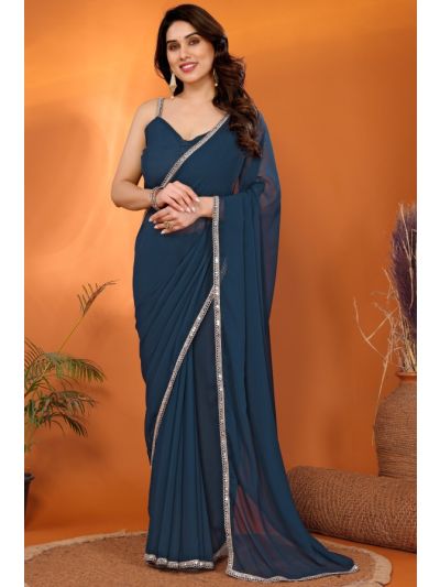 Georgette Plain Rama Saree With Mirror Work Lace Border