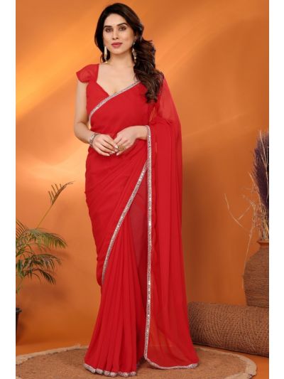 Georgette Plain Red Saree With Mirror Work Lace Border