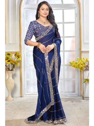 Satin Silk Blue Saree Embroidery Work With Mirror Work Lace Border