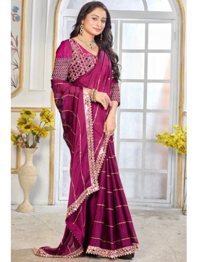 Satin Silk Marun Saree Embroidery Work With Mirror Work Lace Border