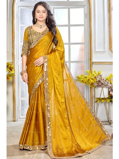 Satin Silk Mustard Saree Embroidery Work With Mirror Work Lace Border