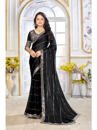 Satin Silk Black Saree Embroidery Work With Mirror Work Lace Border