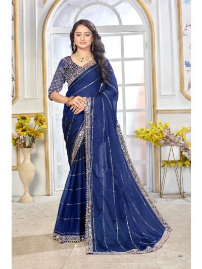 Gitanjali Fashions Blue Satin Silk Saree With Exquisite Mirror Work And Matching Blouse Piece