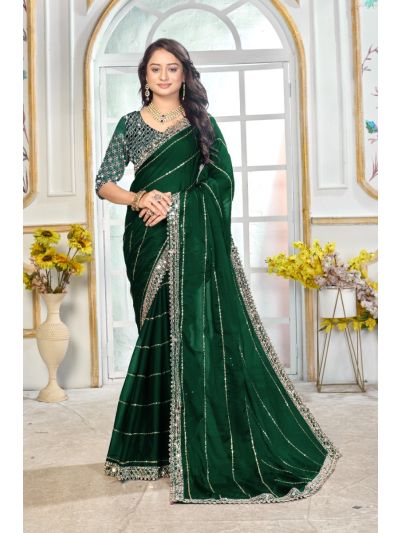 Gitanjali Fashions Green Satin Silk Saree With Exquisite Mirror Work And Matching Blouse Piece