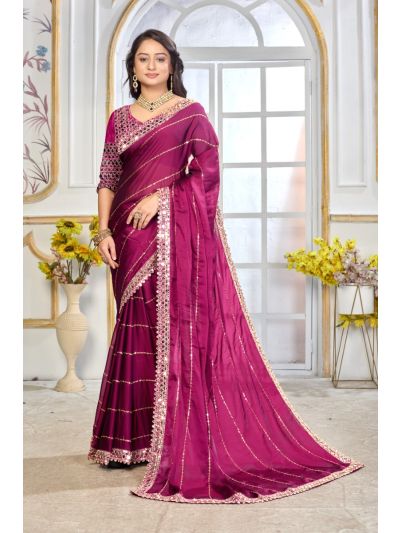 Gitanjali Fashions Maroon Satin Silk Saree With Exquisite Mirror Work And Matching Blouse Piece