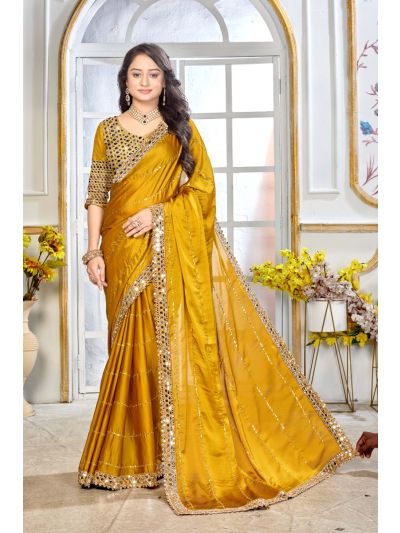 Gitanjali Fashions Mustard Satin Silk Saree With Exquisite Mirror Work And Matching Blouse Piece