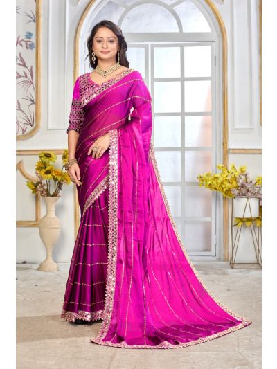 Gitanjali Fashions Pink Satin Silk Saree With Exquisite Mirror Work And Matching Blouse Piece
