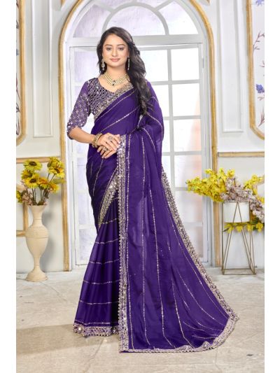 Gitanjali Fashions Purple Satin Silk Saree With Exquisite Mirror Work And Matching Blouse Piece