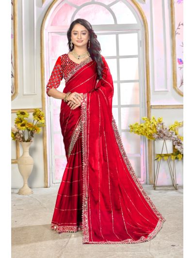 Gitanjali Fashions Red Satin Silk Saree With Exquisite Mirror Work And Matching Blouse Piece