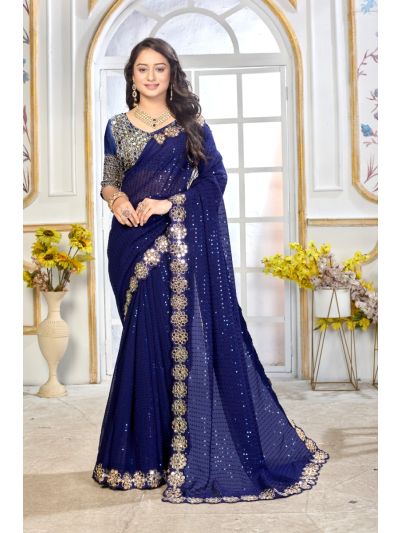 Georgette Blue Saree Embroidery Work With Mirror Work Lace Border