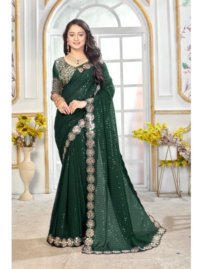  Georgette Green Saree Embroidery Work With Mirror Work Lace Border