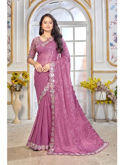 Gitanjali Fashions Onion Georgette Saree With Heavy Mirror Work And Sequence With Matching Blouse Piece