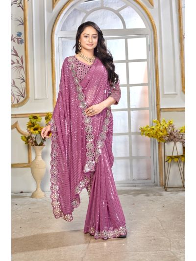  Georgette Onion Color Saree Embroidery Work With Mirror Work Lace Border