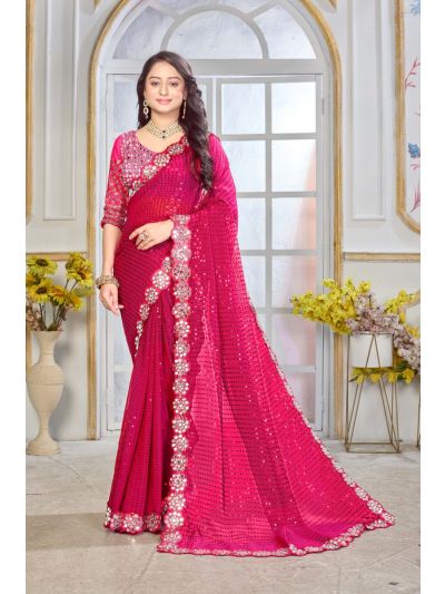 Gitanjali Fashions Pink Georgette Saree With Heavy Mirror Work And Sequence With Matching Blouse Piece