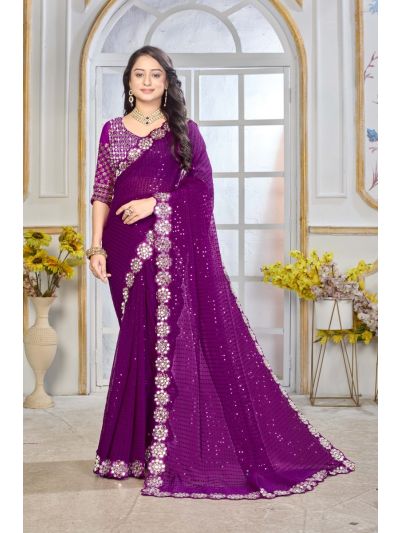 Gitanjali Fashions Purple Georgette Saree With Heavy Mirror Work And Sequence With Matching Blouse Piece