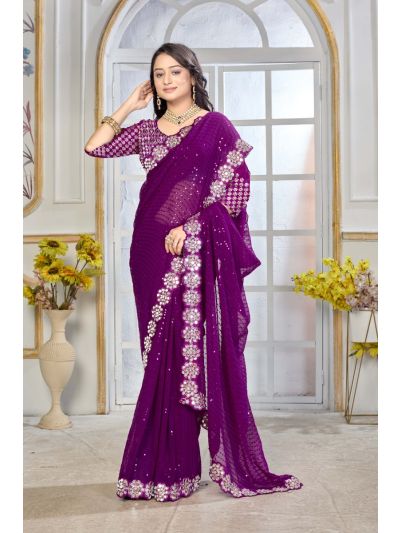 Georgette  Purple Saree Embroidery Work With Mirror Work Lace Border
