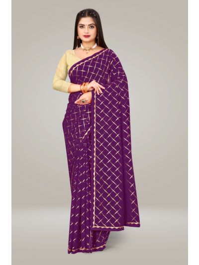 Gitanjali Fashions Purple Colour Georgette Square Leheriya Foil Print Lace Border Saree With Blouse