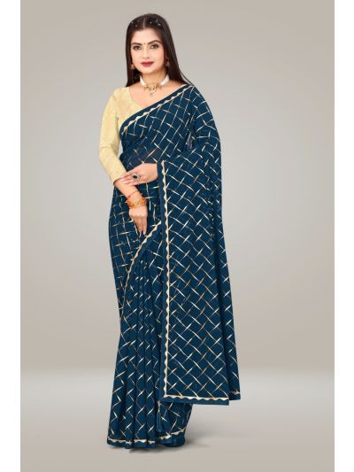 Gitanjali Fashions Rama Colour Georgette Square Leheriya Foil Print Lace Border Saree With Blouse