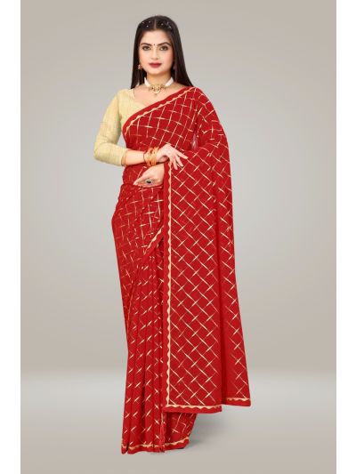 Gitanjali Fashions Red Colour Georgette Square Leheriya Foil Print Lace Border Saree With Blouse
