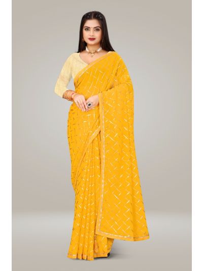 Gitanjali Fashions Yellow Colour Georgette Square Leheriya Foil Print Lace Border Saree With Blouse