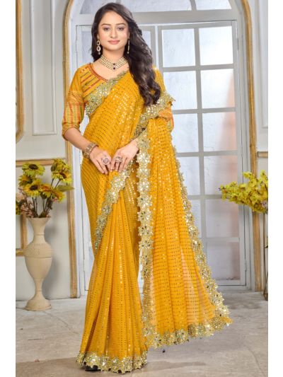 Yellow Georgette Saree Sequence Work Pattern With Heavy Mirror Work Lace Border