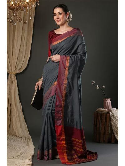 Grey Arts Silk Saree With Plain Blouse