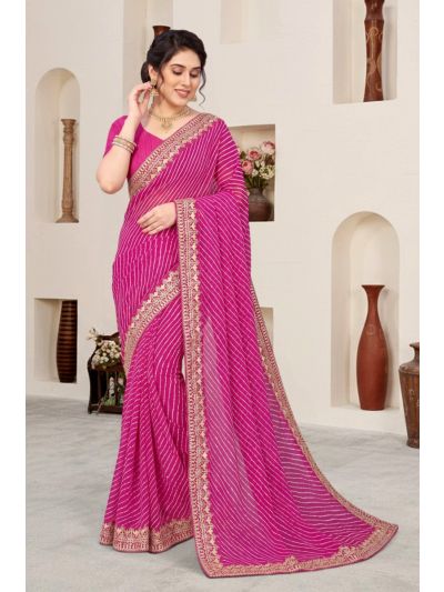 Gitanjali Fashions Pink Colour Leheriya Georgette Gota Patti Border Saree With Blouse