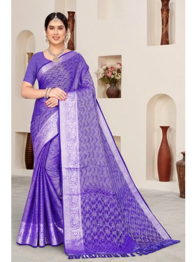 Gitanjali Fashions Blue Colour Georgette Saree Silver Woven Design Work With Full Seroski Stone Work & Zalar