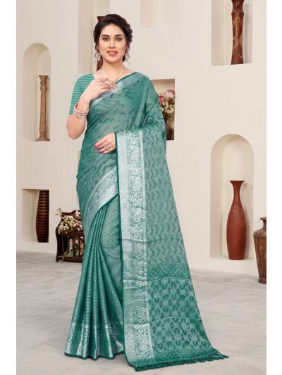 Gitanjali Fashions Green Colour Georgette Saree Silver Woven Design Work With Full Seroski Stone Work & Zalar