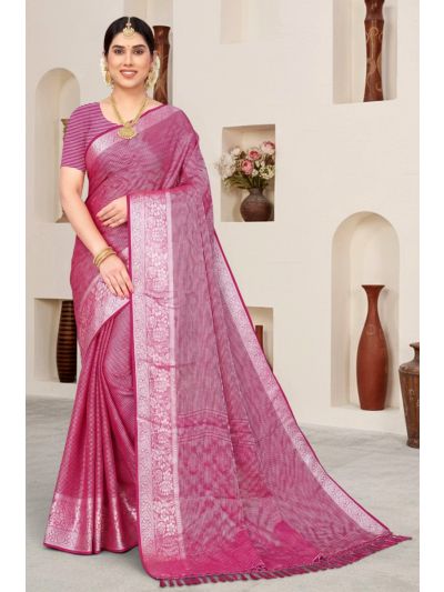 Gitanjali Fashions Pink Colour Georgette Saree Silver Woven Design Work With Full Seroski Stone Work & Zalar