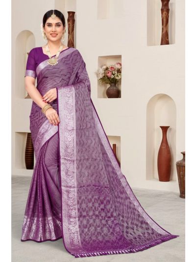 Gitanjali Fashions Purple Colour Georgette Saree Silver Woven Design Work With Full Seroski Stone Work & Zalar