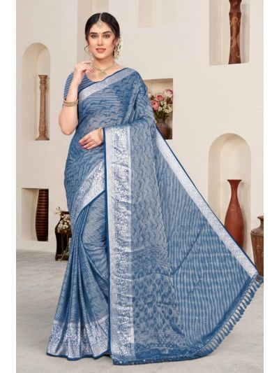 Gitanjali Fashions Rama Colour Georgette Saree Silver Woven Design Work With Full Seroski Stone Work & Zalar