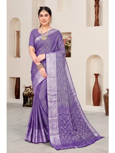 Gitanjali Fashions Violet Colour Georgette Saree Silver Woven Design Work With Full Seroski Stone Work & Zalar