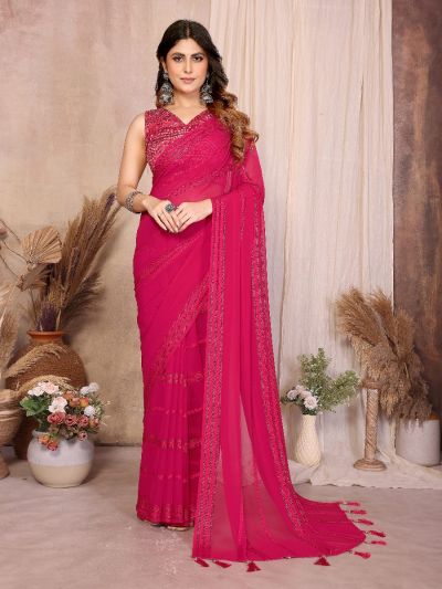 Gitanjali Fashions Pink Georgette Saree Kaju Patta Pattern Unstitched Banglory Print Foil Blouse