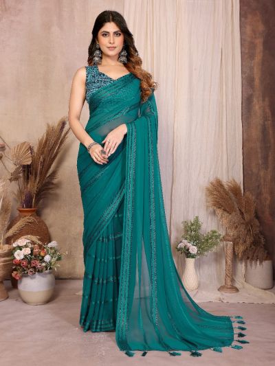 Gitanjali Fashions Rama Georgette Saree Kaju Patta Pattern Unstitched Banglory Print Foil Blouse