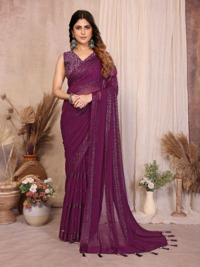 Gitanjali Fashions Wine Georgette Saree Kaju Patta Pattern Unstitched Banglory Print Foil Blouse