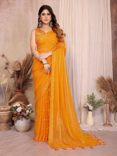 Gitanjali Fashions Yellow Georgette Saree Kaju Patta Pattern Unstitched Banglory Print Foil Blouse