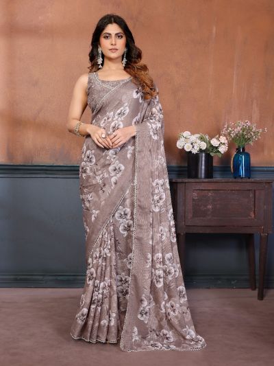 Gitanjali Fashions Brown Women's Georgette Floral Printed Saree With Blouse Piece