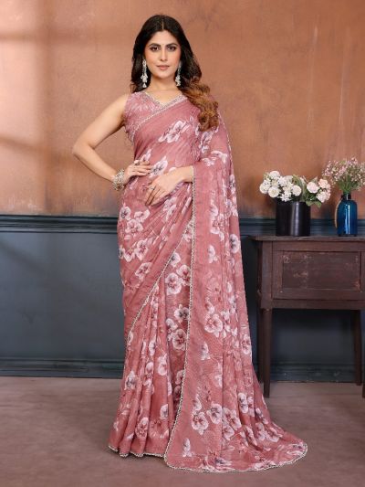 Gitanjali Fashions Pink Women's Georgette Floral Printed Saree With Blouse Piece