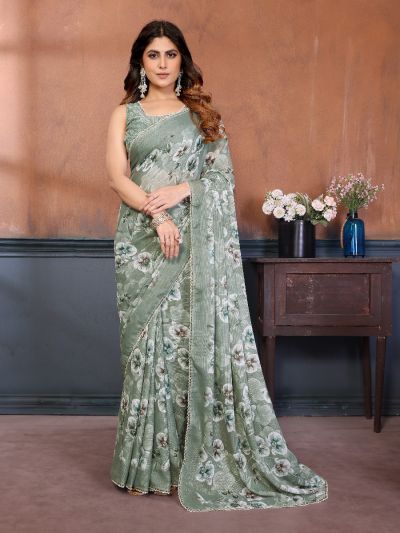 Gitanjali Fashions Pista Women's Georgette Floral Printed Saree With Blouse Piece