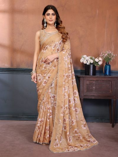 Gitanjali Fashions Yellow Women's Georgette Floral Printed Saree With Blouse Piece