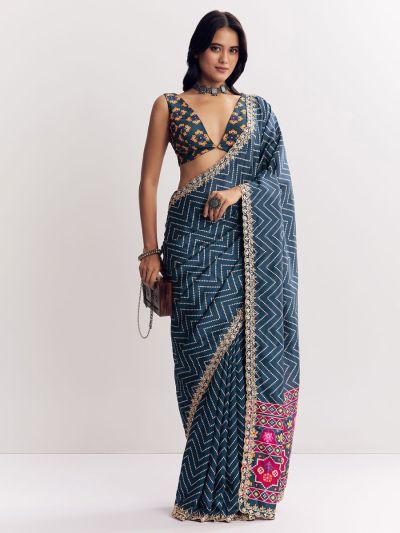 Gitanjali Fashions Dark Blue Manipuri Printed Saree With Embroidery Work Lace