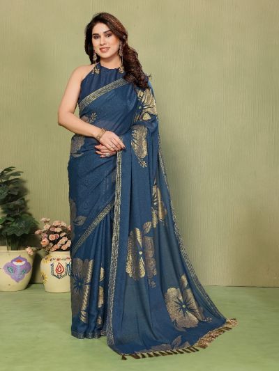 Gitanjali Fashions Morpich Star Georgette Foil Print Saree With Zalar Lace