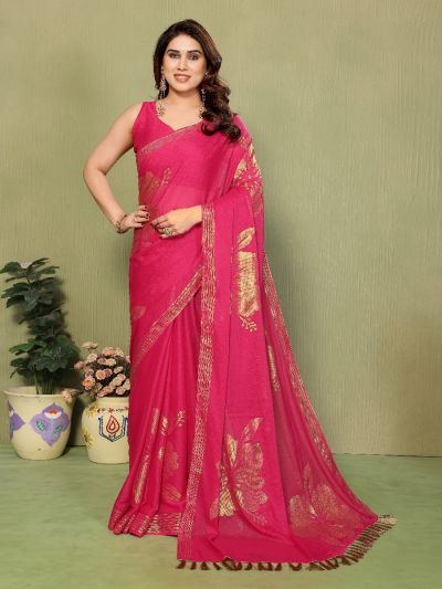 Gitanjali Fashions Pink Star Georgette Foil Print Saree With Zalar Lace